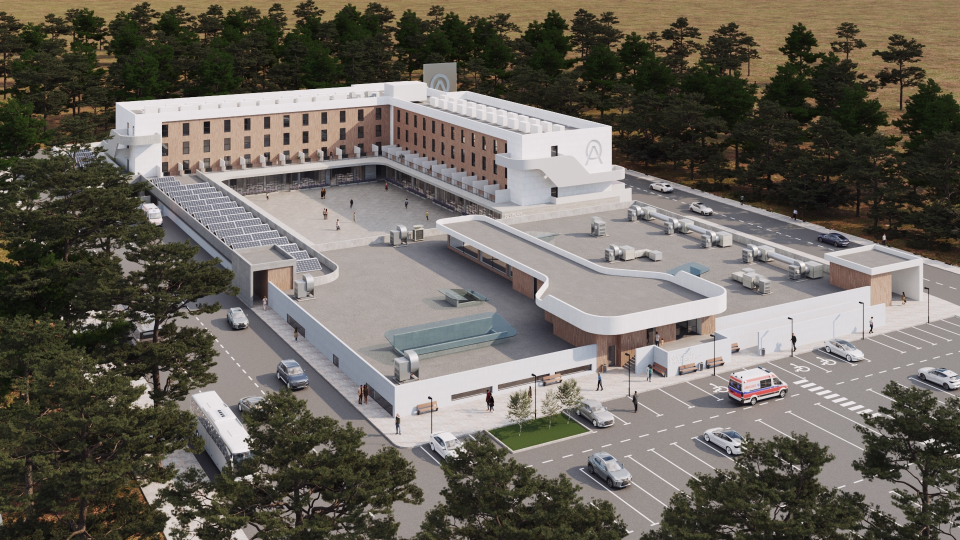 Vista aérea 3D del complejo sociosanitario CREAR ABRIGHO